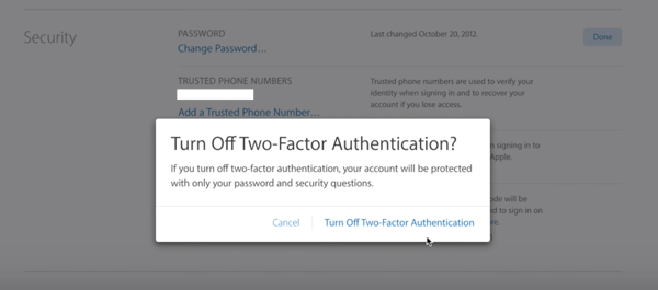 how to turn off 2 factor authentication iphone